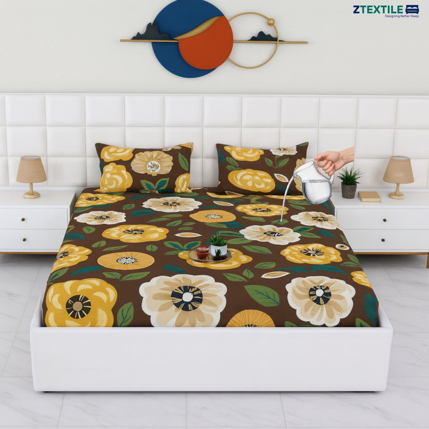 Printed 100% Waterproof Quilted Bedsheet with 2 Same Pillow Covers King Size