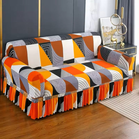Printed Jersey Fabric Sofa Cover – Stylish & Comfortable (Orange Box)