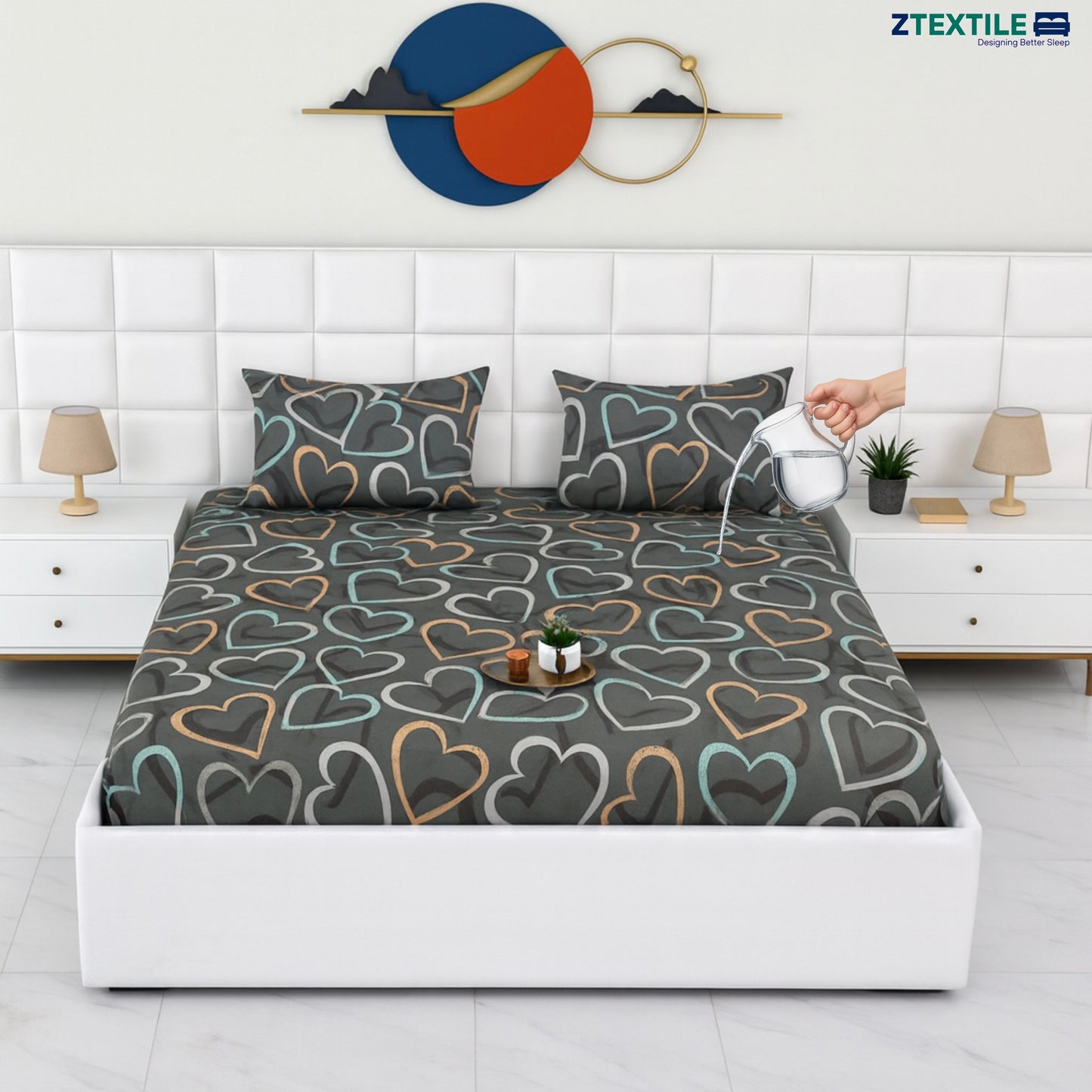 Printed 100% Waterproof Quilted Bedsheet with 2 Same Pillow Covers King Size