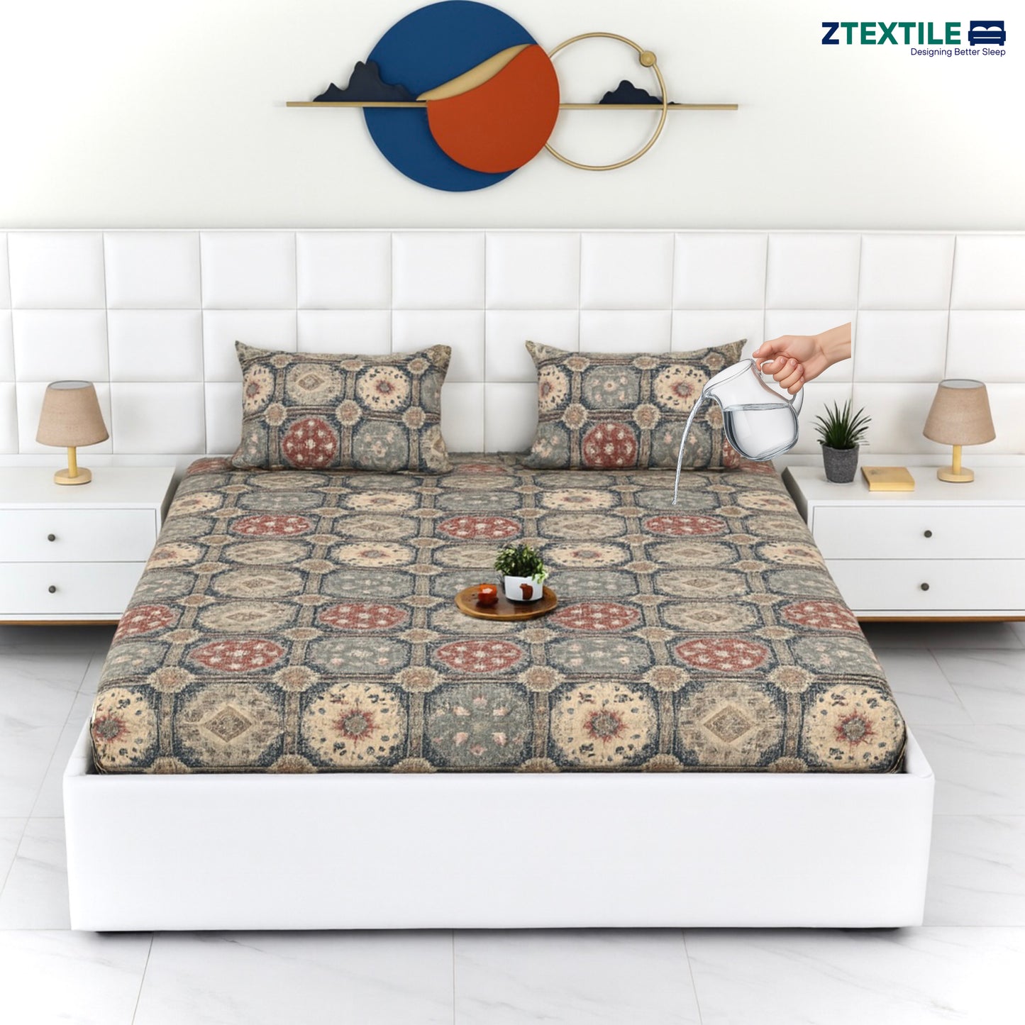 Printed 100% Waterproof Quilted Bedsheet with 2 Same Pillow Covers King Size
