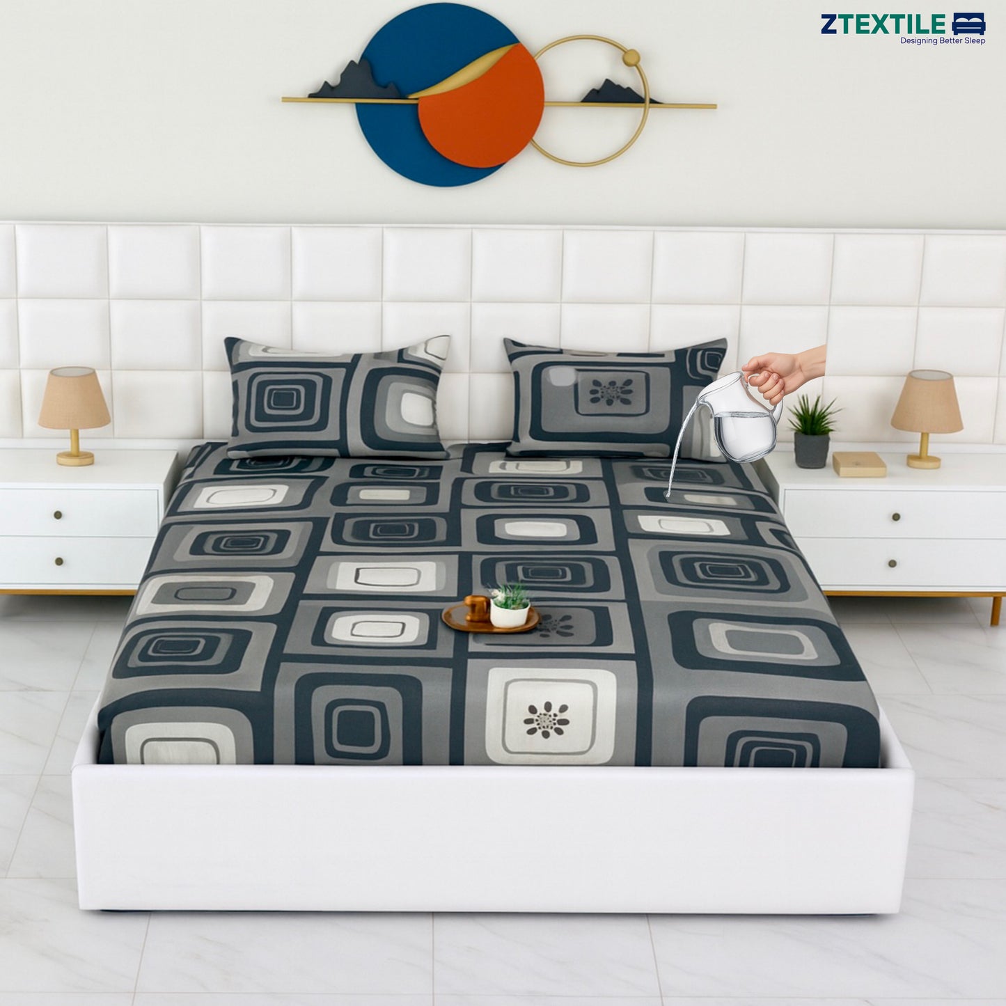 Printed 100% Waterproof Quilted Bedsheet with 2 Same Pillow Covers King Size
