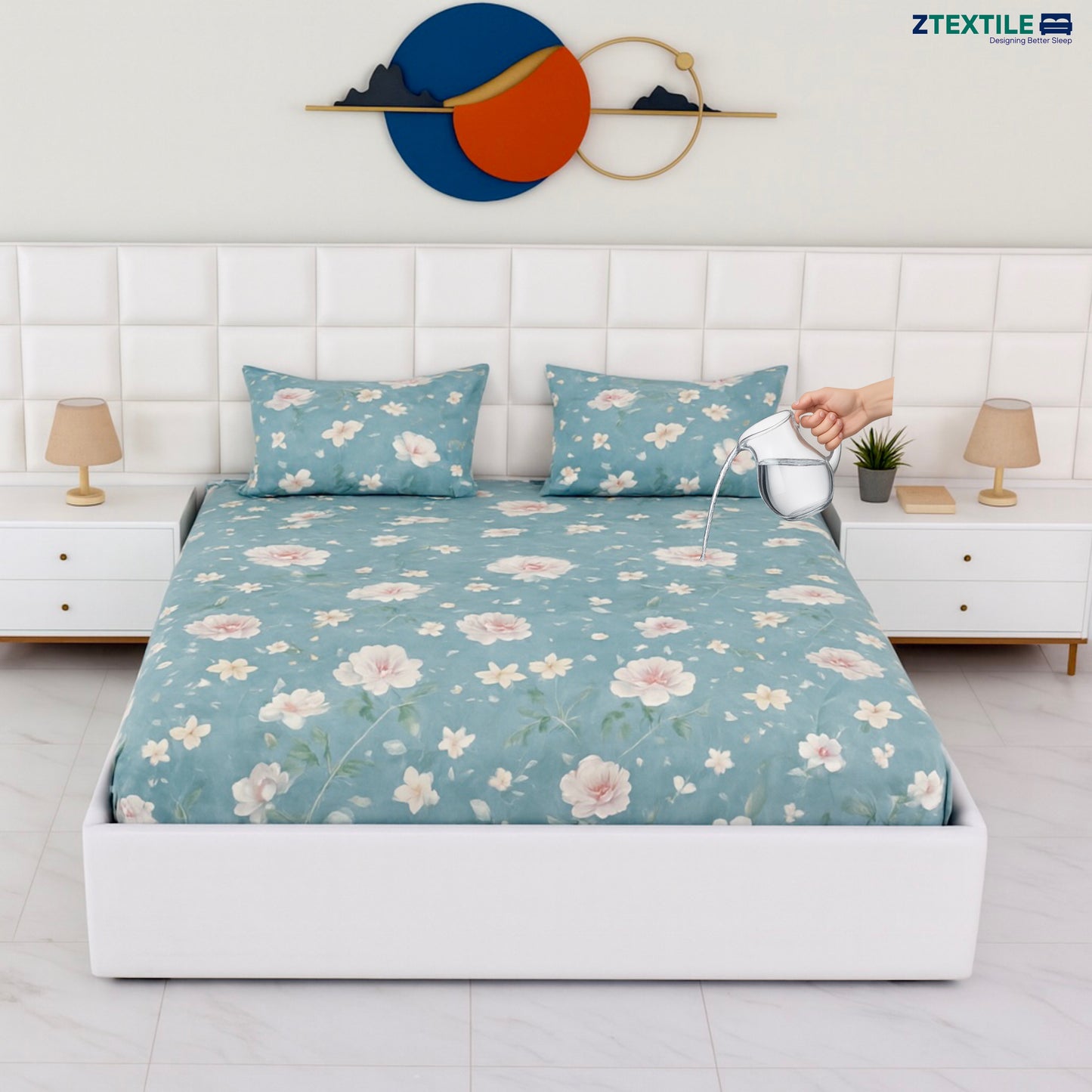 Printed 100% Waterproof Quilted Bedsheet with 2 Same Pillow Covers King Size
