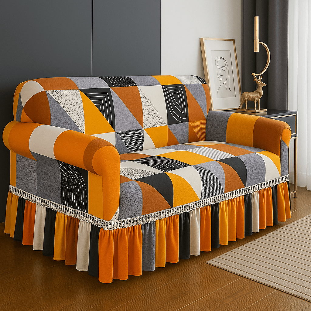 Printed Jersey Fabric Sofa Cover – Stylish & Comfortable (Orange Box)