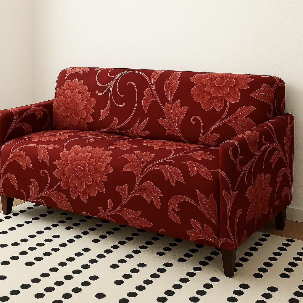 Printed Jersey Fabric Sofa Cover – Stylish & Comfortable (maroon flower)