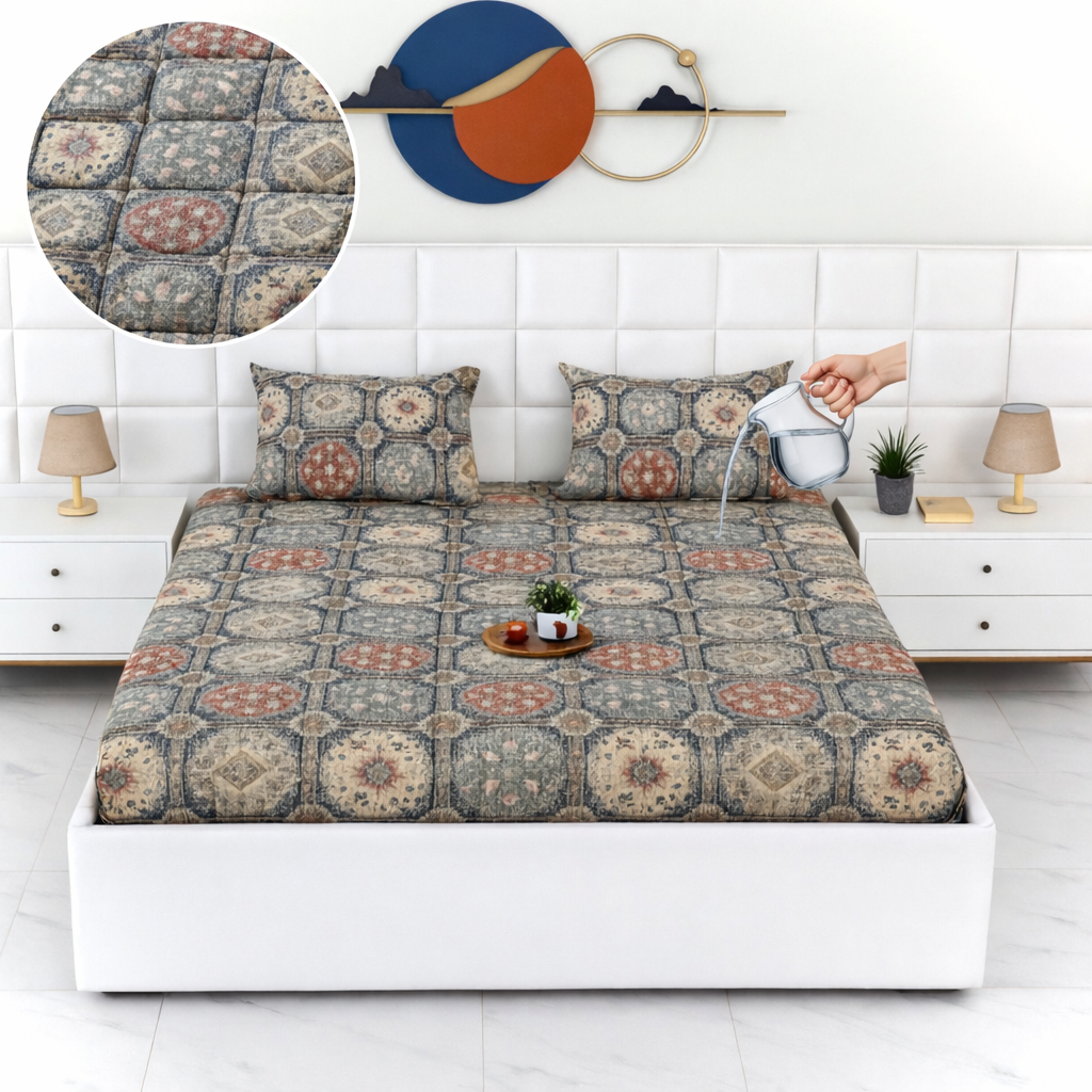 Premium Quilted 3-Piece Waterproof Fitted Bed Sheet Set – King Size  with 2 Pillow Covers (SKU P8)