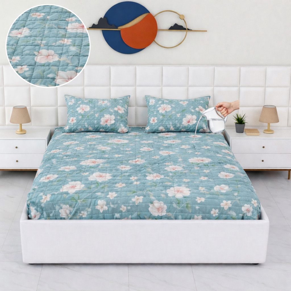 Premium Quilted 3-Piece Waterproof Fitted Bed Sheet Set – King Size  with 2 Pillow Covers (SKU P7)