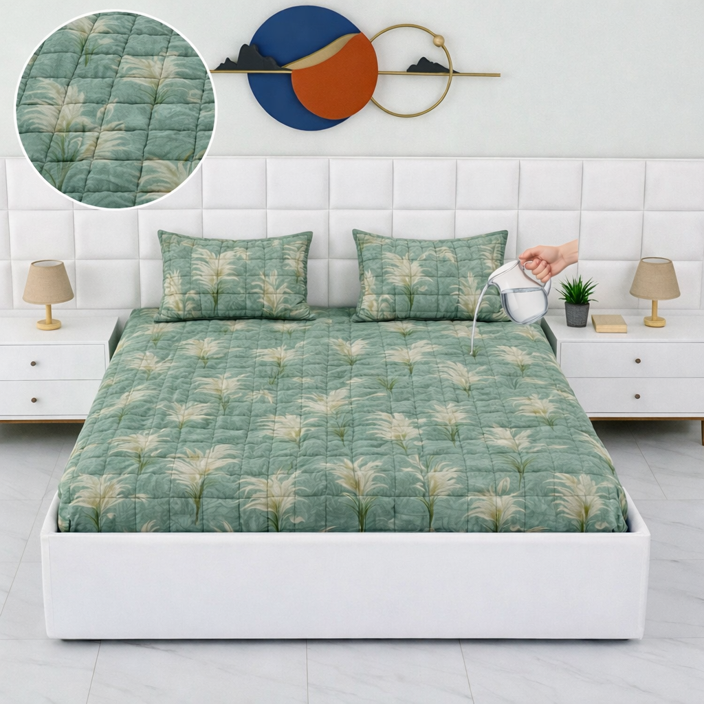 Premium Quilted  3-Piece Waterproof Fitted Bed Sheet Set – King Size  with 2 Pillow Covers (SKU P9)